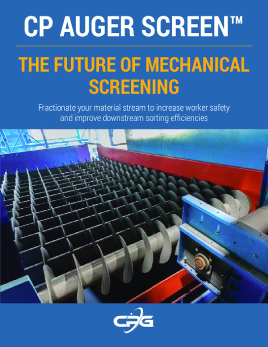 This image shows an industrial CP Auger Screen™ machine for mechanical screening, highlighting its role in enhancing worker safety and sorting efficiency.