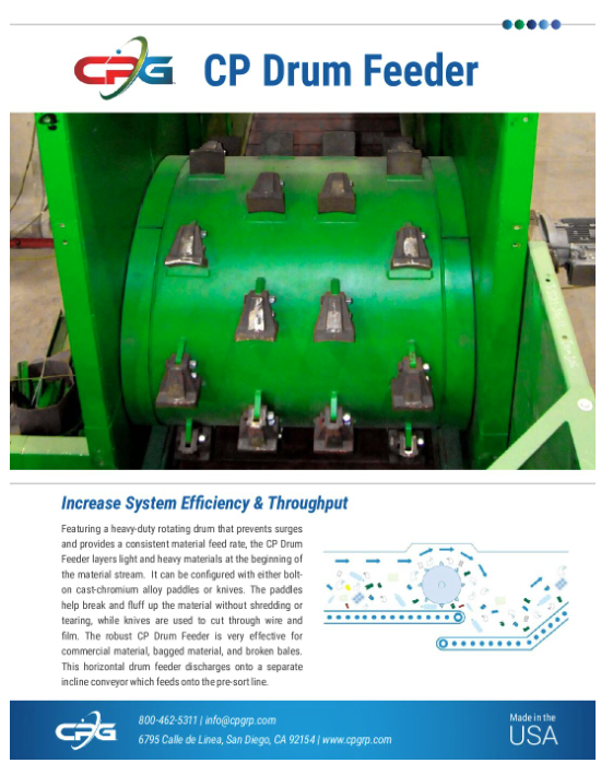 An industrial brochure image, showcasing a CP Drum Feeder, which is a green rotating drum with heavy-duty construction designed to increase system efficiency.