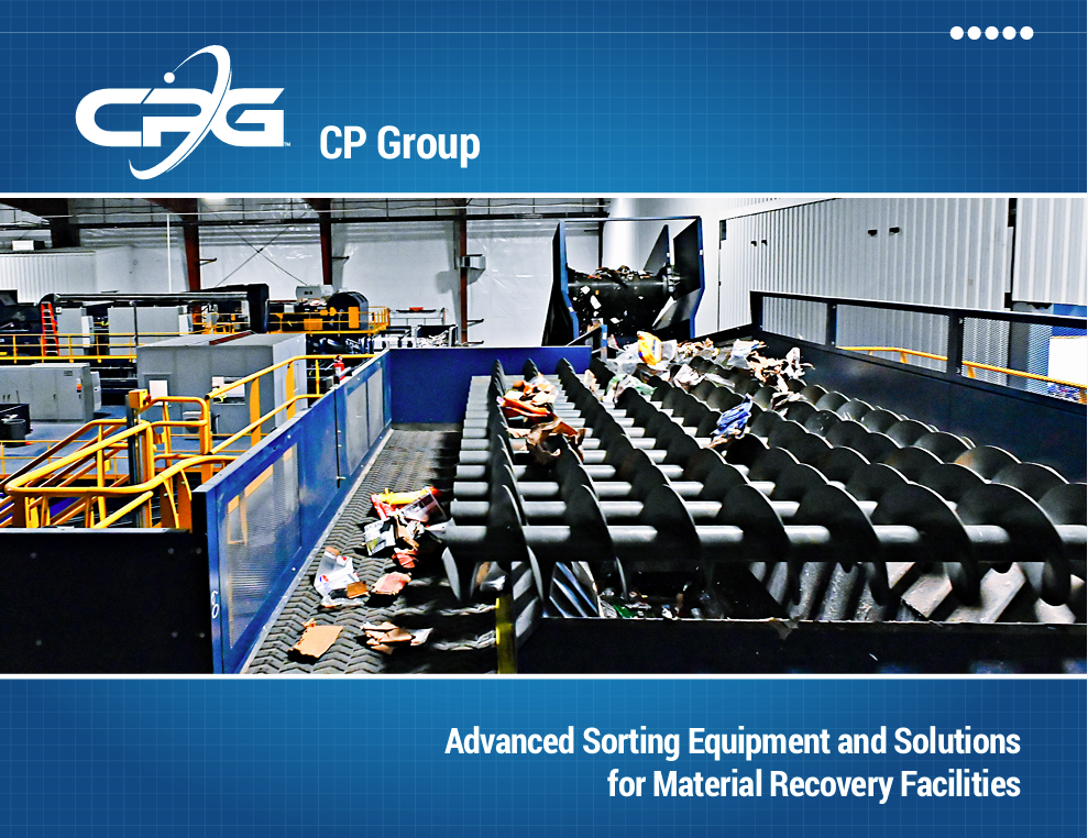 Industrial setting showing advanced material sorting equipment with conveyors and recycling material. The image features CP Group's branding and facilities.