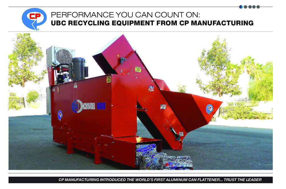 A red industrial aluminum can recycling machine with crushed metal bales, outside under a clear sky, with "CP Manufacturing" branding and text overlay.