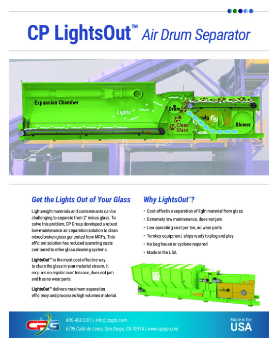 The image shows a marketing brochure for the "CP LightsOut™ Air Drum Separator." It includes diagrams, benefits, a contact number, and the company's address.