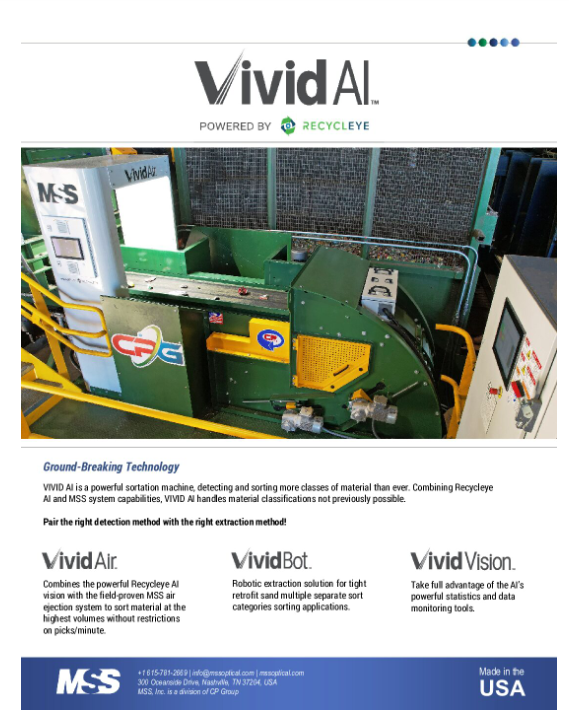 This image shows a brochure for "Vivid AI," featuring industrial sorting machinery for recycling, with logos for "Recycleye" and "MSS," indicating advanced sorting technology.