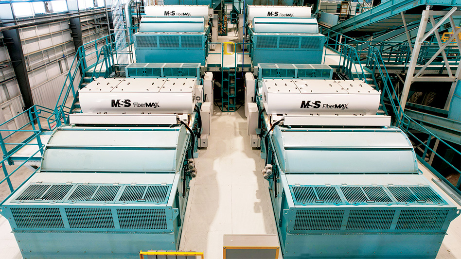 Frontal view of four MSS Optical FiberMax sorting units in a recycling facility.