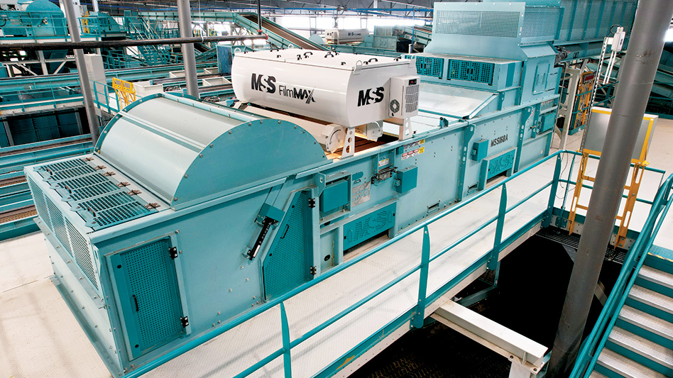 Side angle of an MSS optical FilmMax sorter on a ramp in a recycling facility.