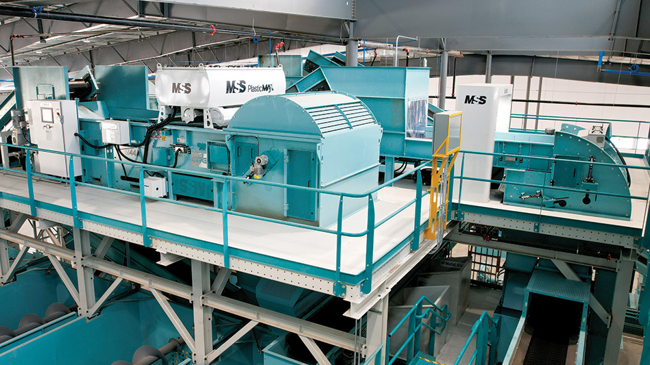 A view of the upper level of a MRF sorting line with a teal MSS PlasticMax and a Vivid Air AI unit.