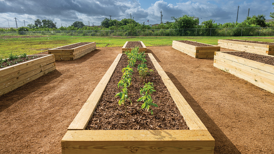 An exterior company yard with grass and dirt, showcasing wooden platform risers with plants.