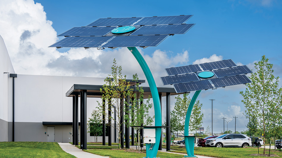 The exterior of a recycling plant showcasing solar sculptors to promote sustainability.