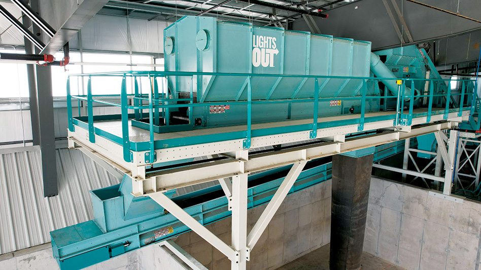 A view of the LightsOut Air Drum Separator machine on a platform inside a MRF.