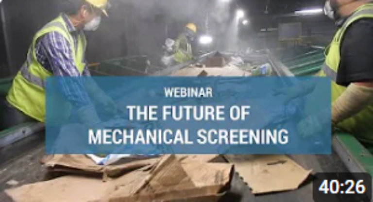 Two people in high-visibility vests work amidst machinery, likely related to waste management, with a webinar overlay about mechanical screening's future, including a timer.