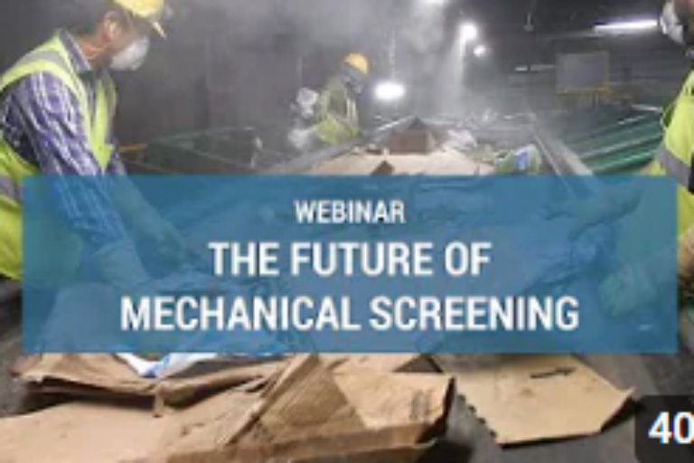 Two people in high-visibility vests work amidst machinery, likely related to waste management, with a webinar overlay about mechanical screening's future, including a timer.