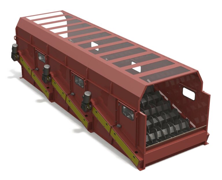 A large, industrial red OCC Screen machine render with a series of angled, black conveyor-like platforms inside. The top is partially transparent, revealing interior mechanisms. Various control units and gauges are mounted on the side. It appears sturdy and designed for heavy-duty use.