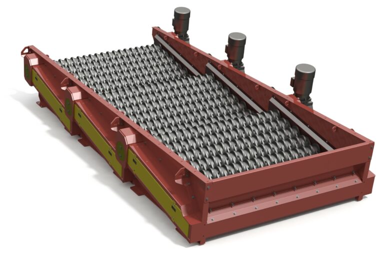 Industrial machinery of a Glass Breaker featuring a large, flat conveyor-like mechanism with multiple rotating cylindrical components. It has three motor units mounted on the top edge, and the sides are painted red and green. Its purpose appears to be for processing or sorting materials.