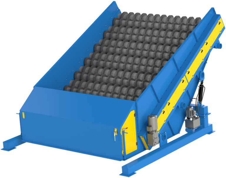 A large industrial blue and yellow AWS Screen machine, equipped with black rubber rollers arranged in a slanted configuration. The base is supported by sturdy, angled metal legs, and hydraulic systems are visible on the right side for adjustment and operation.