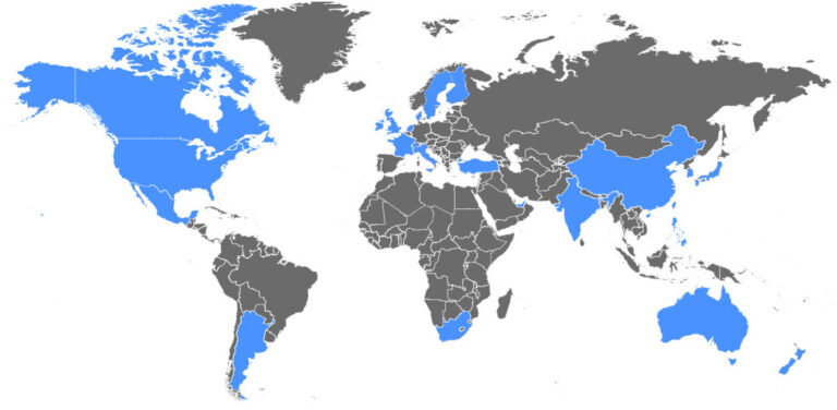 A world map highlighting certain countries in blue, including the United States, Canada, Brazil, Argentina, Australia, South Africa, India, China, Japan, and various countries in Europe. The rest of the countries are shown in gray.