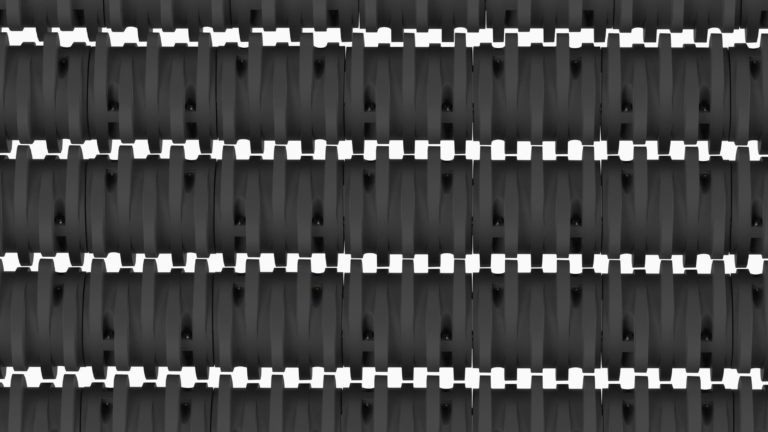 A grayscale image featuring a pattern of interlocking rectangular shapes forming horizontal rows. The rows alternately consist of dark textures and light textures, creating a repetitive and symmetrical visual effect.