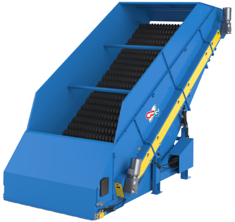 A large CP Disc Screen render machine with a blue frame and conveyor belt system. The machine has a steeply inclined conveyor with rotating cylindrical components. There are visible motors and a yellow safety guard along its side. The brand logo is seen on the side.