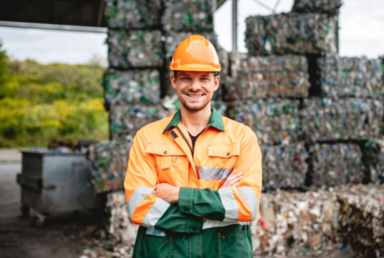 A worker in a high-visibility orange and green uniform, wearing a hard hat, smiles with arms crossed in front of large stacks of compacted recyclable materials outdoors. Greenery and industrial equipment are visible in the background.