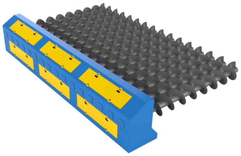 An CP Auger Screen render component featuring a segmented blue base with yellow panels and a textured black conveyor belt with protruding cylindrical knobs, designed for material handling or processing within an industrial setting.