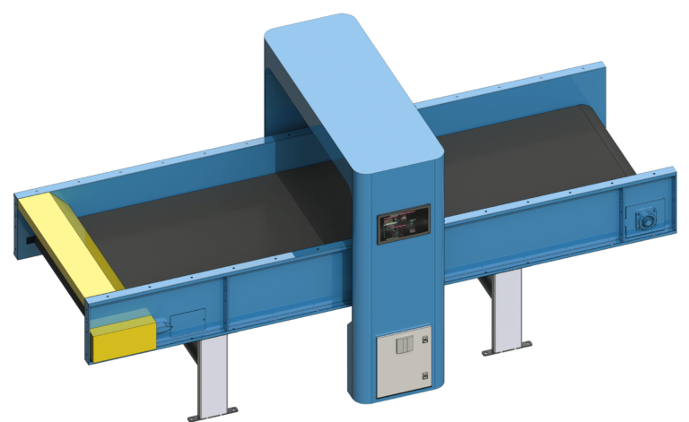 An illustration of a AI sorting scanning conveyor system, featuring a central blue scanner unit with a display panel and controls. The conveyor belts are black, with a yellow section at the entry point. The system is supported by white legs.