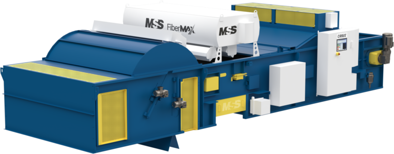 This image shows a large FiberMax machine render. The machine is mostly blue with some yellow components and panels, and it has "MSS" and "FlexMax" written on it. It has various compartments, controls, and a white enclosed section with a digital display and buttons.