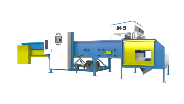 A blue and yellow L-VIS machine with a digital control panel, labeled "MSS," is designed for processing or manufacturing purposes. It features various compartments and mechanisms, with piping visible underneath, likely used in an automated production line.