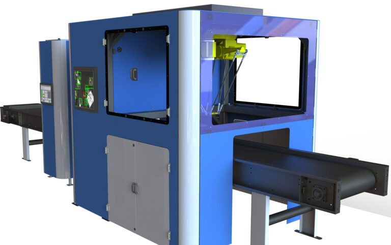 A blue and gray industrial AI machine with a black conveyor belt, a digital control panel with buttons and displays, and a large window showing internal mechanisms. The machine is designed for automated processing or inspection in a manufacturing setting.