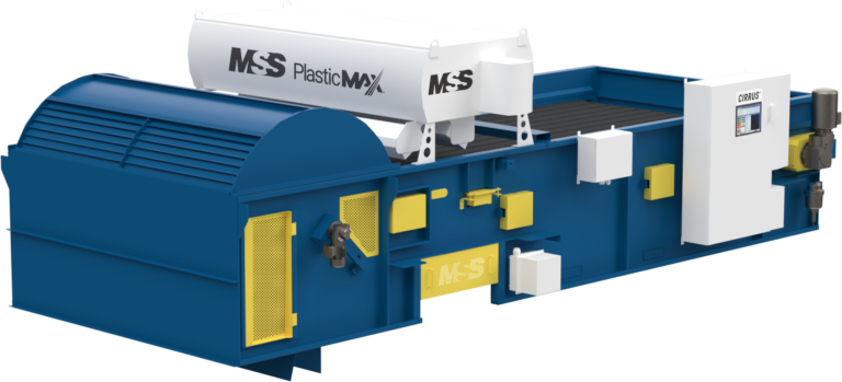 A blue industrial machine labeled "MSS" and "Plastic-Max" with multiple compartments and components. It features a white cylindrical tank and various yellow and white parts on its exterior. The machine appears to be designed for plastic processing or recycling.