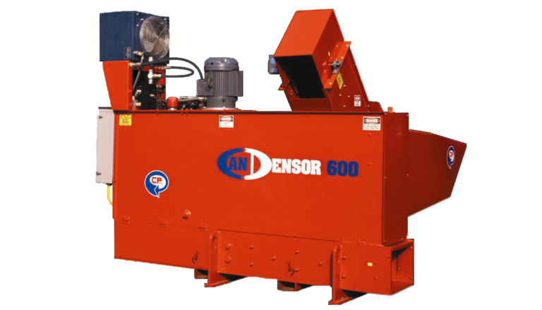 A red industrial machine labeled "CANDENSOR 600" featuring a hopper, control panels, and various mechanical components, designed for processing or compacting materials. The machine is rectangular with a rugged appearance and has multiple access points and controls.