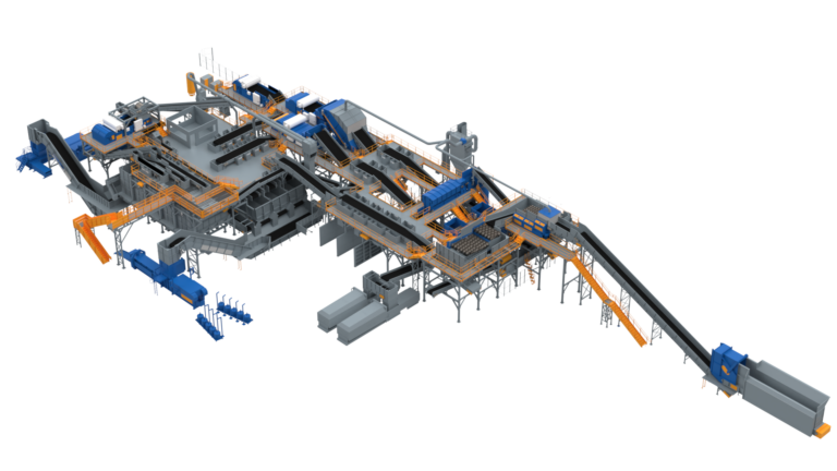 This is a 3D model of an industrial facility with blue and orange machinery, conveyor belts, and platforms on a transparent background.