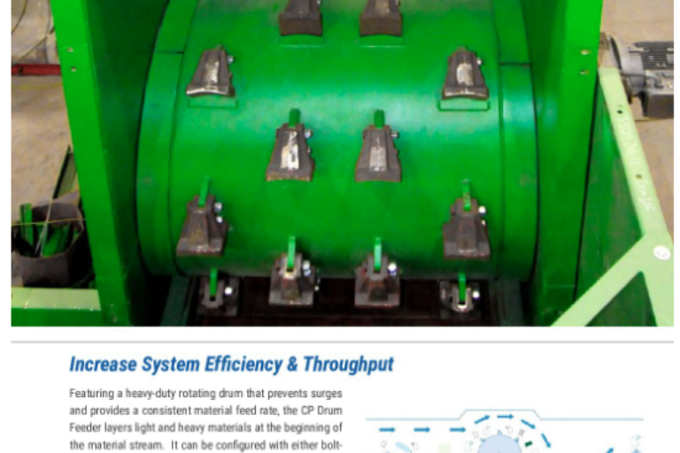 An industrial brochure image, showcasing a CP Drum Feeder, which is a green rotating drum with heavy-duty construction designed to increase system efficiency.