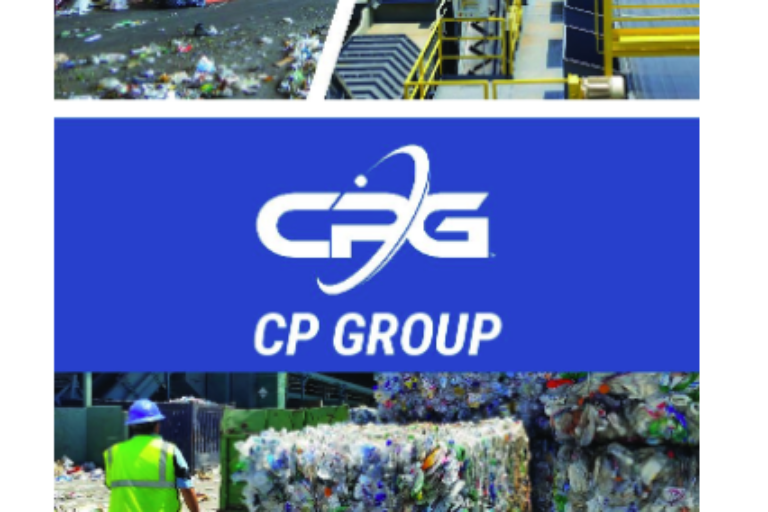 This image depicts a collage related to recycling. It shows waste piles, recycling machinery, a person near baled recyclables, and a logo "CP Group" with Spanish text.