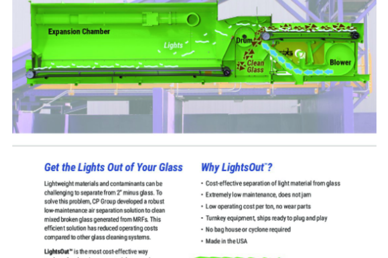 The image shows a marketing brochure for the "CP LightsOut™ Air Drum Separator." It includes diagrams, benefits, a contact number, and the company's address.