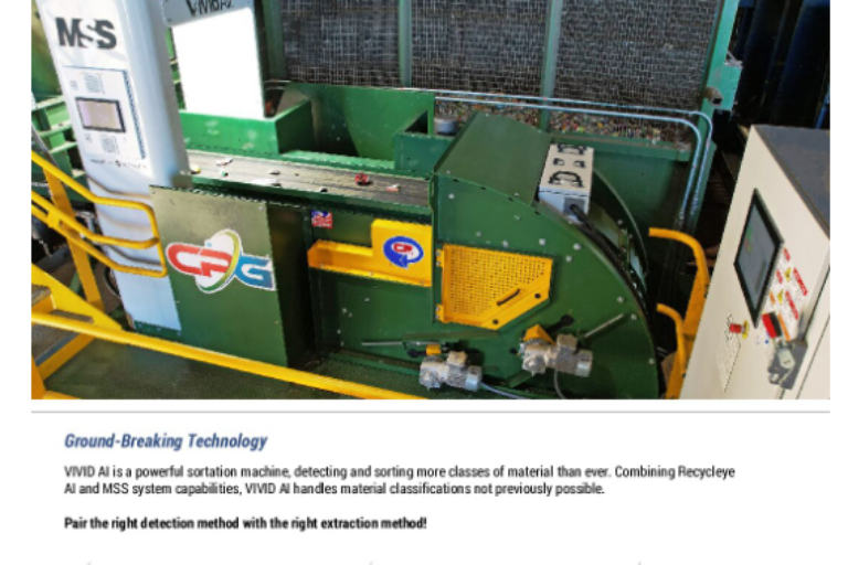 This image shows a brochure for "Vivid AI," featuring industrial sorting machinery for recycling, with logos for "Recycleye" and "MSS," indicating advanced sorting technology.