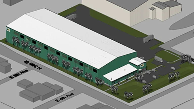Aerial rendering of a long green industrial warehouse with a white roof, palm trees and parking on a corner lot.