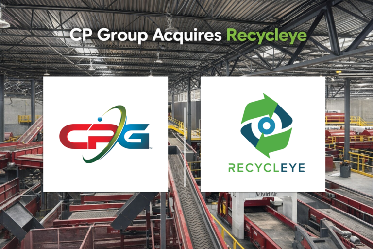 Recycling plant interior with conveyors and two panels showing CP Group and Recycleye logos announcing the acquisition.