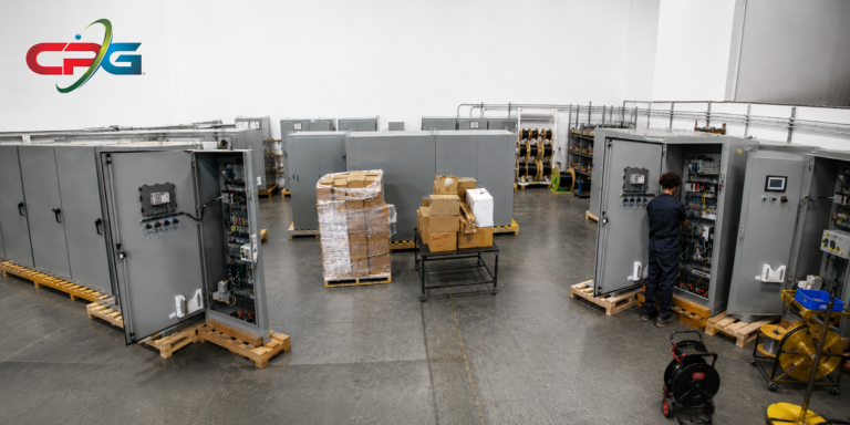 Warehouse with rows of open gray electrical control panels, a technician working at one panel and stacked pallets.